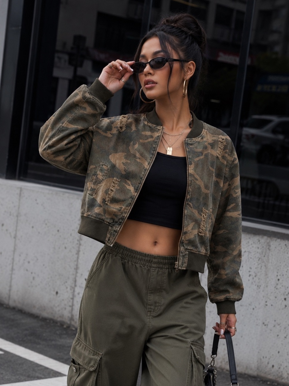Camo Distressed Cropped Bomber Jacket Streetwear Y2K 100% Cotton Style Piece